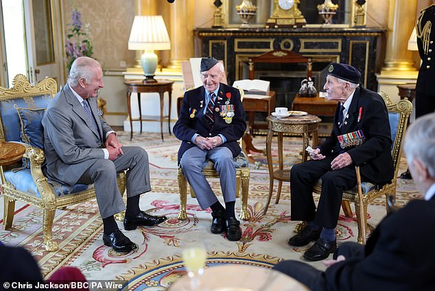 Charles in conversation with D-Day veterans Bernard Morgan and John Dennett