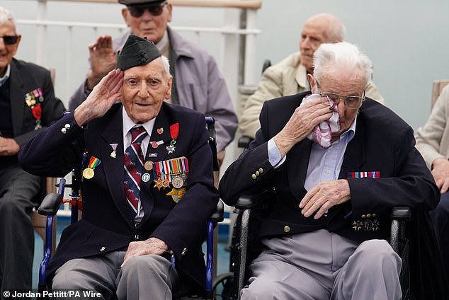 D-Day veteran Bernard Morgan (left), 100, from Crewe, salutes as veteran Jack Mortimer, 100, from Leeds, gets emotional as he travels to France on a ferry yesterday.