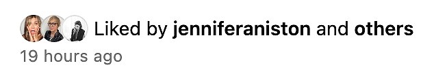 Fans, including Friends star Jennifer Aniston, liked the post and sent messages of support and encouragement.