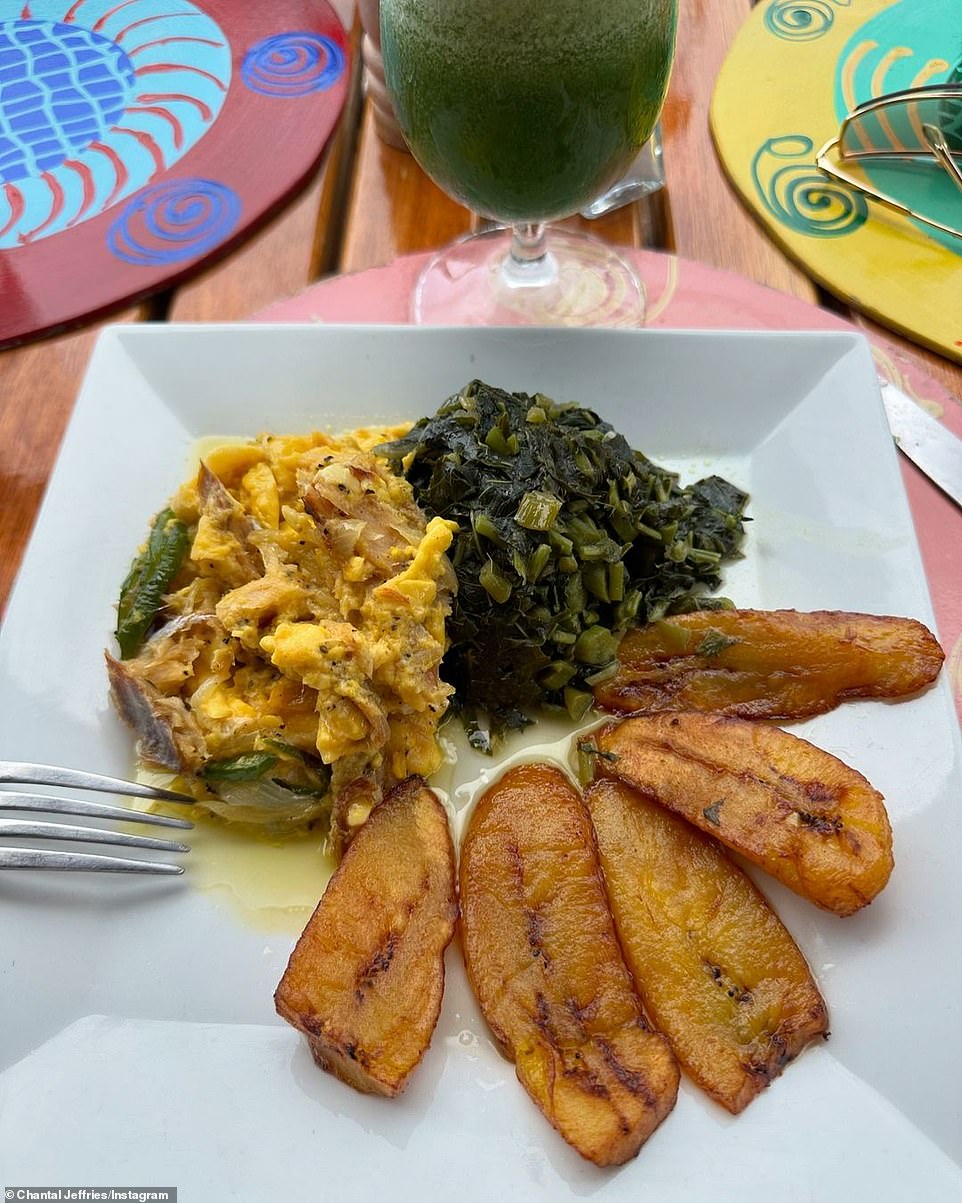 Lunch consisted of eggs, fried plantains, and green leaves.