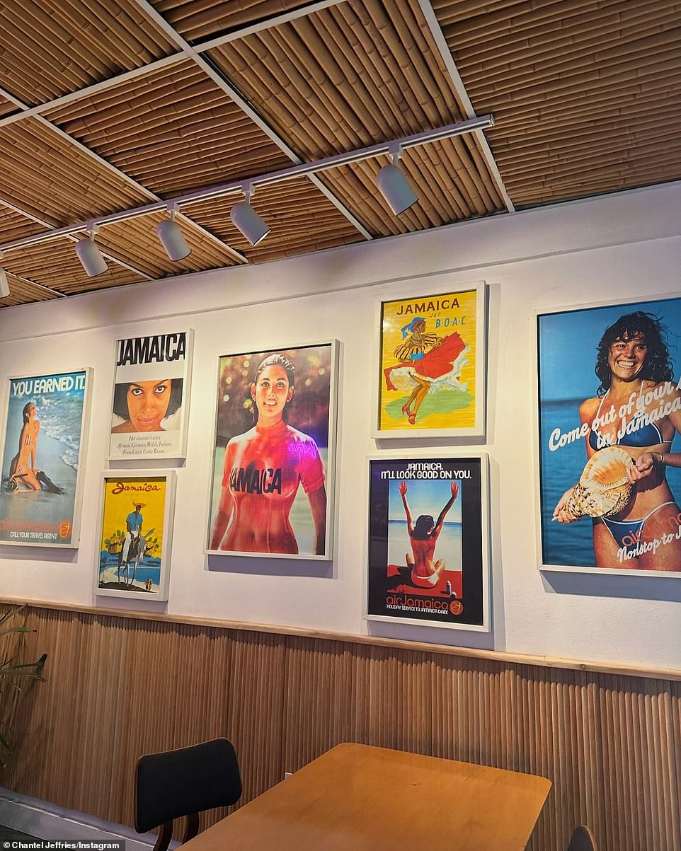 Jeffries also shared a photo of a wall of framed posters showing beautiful women in swimsuits on the beach.