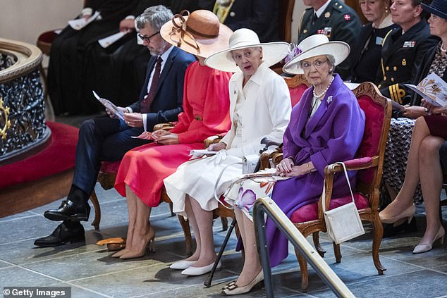 Queen Margaret (left) and her younger sister Princess Benedikte (right) joined the reigning couple for the celebrations.