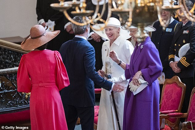 Queen Margaret, who abdicated the throne in January after a 52-year reign, seemed pleased to greet her son.