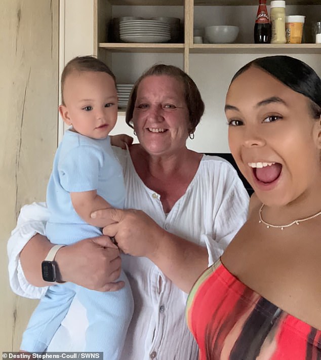 Destiny photographed with her mother, Diane, holding baby Kingsley at home. The 21-year-old said motherhood didn't hit home during the first few days.