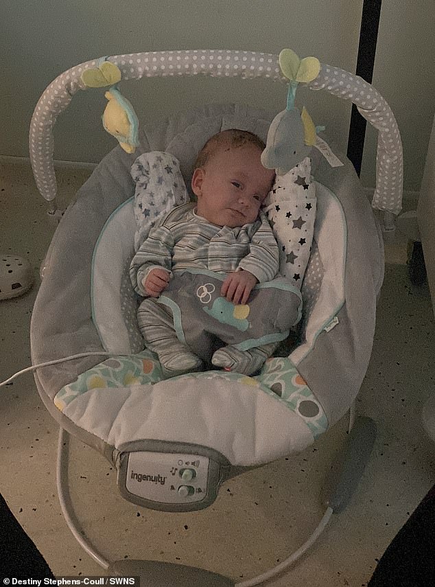 Destiny was told that Kingsley (pictured at home) may have difficulty walking and talking due to his premature birth, but the boy, now two years old, appears to be meeting his goals.