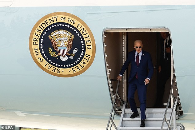 US President Joe Biden disembarks from Air Force One upon arrival at Orly Airport in Paris ahead of D-Day commemorations.