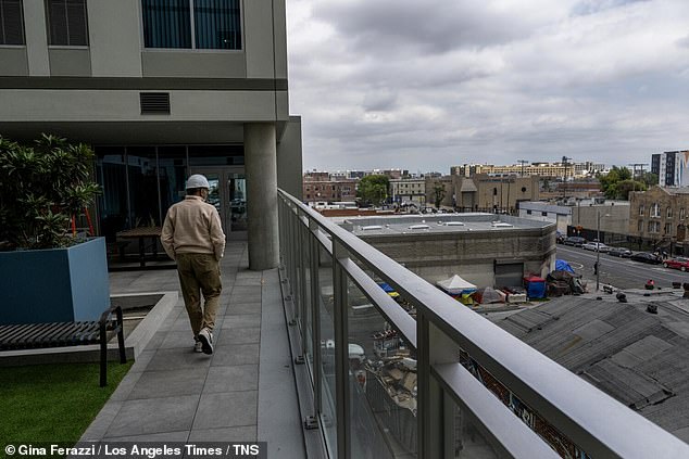 The new building also includes an all-access rooftop patio (pictured) where people will be able to enjoy the stunning Los Angeles skyline and gather with friends.