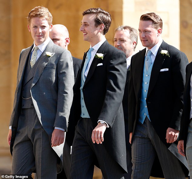 Hugh Grosvenor, Duke of Westminster, Charlie van Straubenzee and Arthur Landon attend the wedding of Prince Harry to Ms Meghan Markle at St George's Chapel, Windsor Castle.