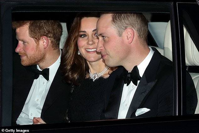 Prince Harry, Catherine, Duchess of Cambridge and Prince William, Duke of Cambridge, arrive at Windsor Castle to attend the wedding anniversary dinner of Queen Elizabeth II and Prince Philip.