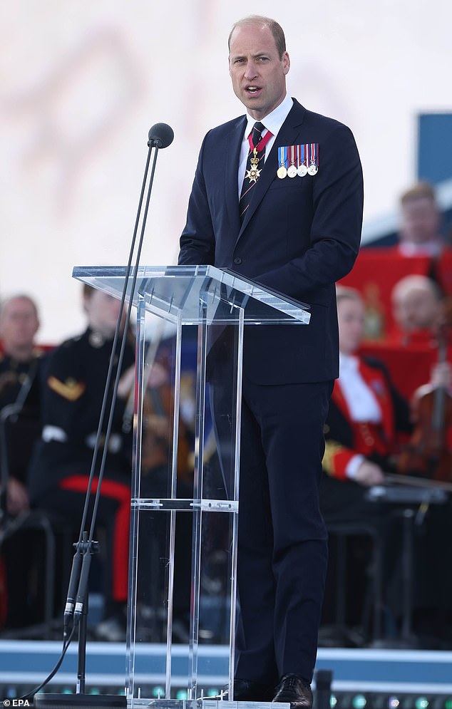 Pictured: The Prince of Wales delivers a speech to more than 500 members of the Armed Forces at a D-Day anniversary event in Portsmouth today.