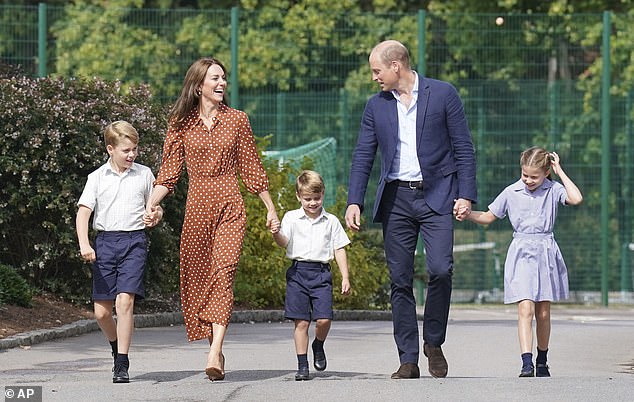 The Prince of Wales came clean at a D-Day event in Portsmouth when a young woman, encouraged by a woman believed to be her mother, asked where Princess Charlotte was. Pictured, the Prince and Princess of Wales at Lambrook School with their children in 2022