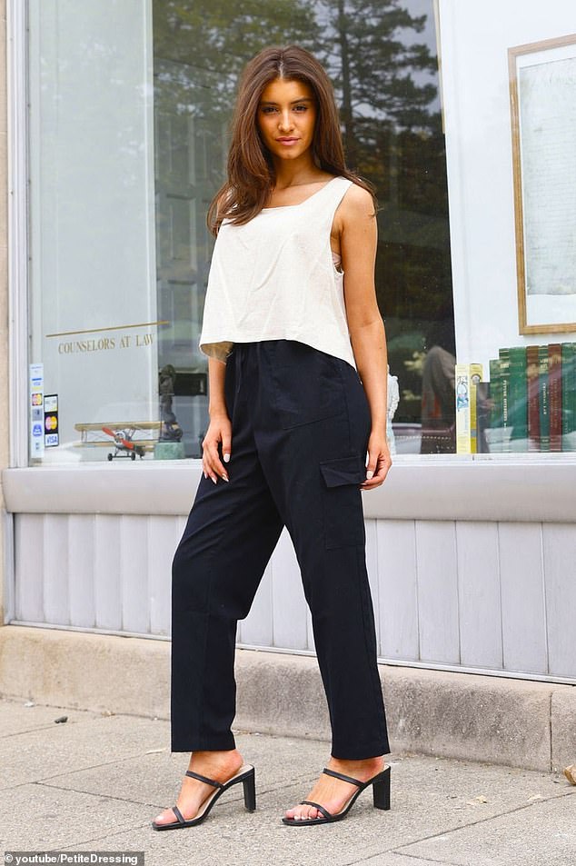 It's better to lengthen your legs with a long, classic loose-fitting pant like the one above, rather than cutting your leg off at the calf with capris.