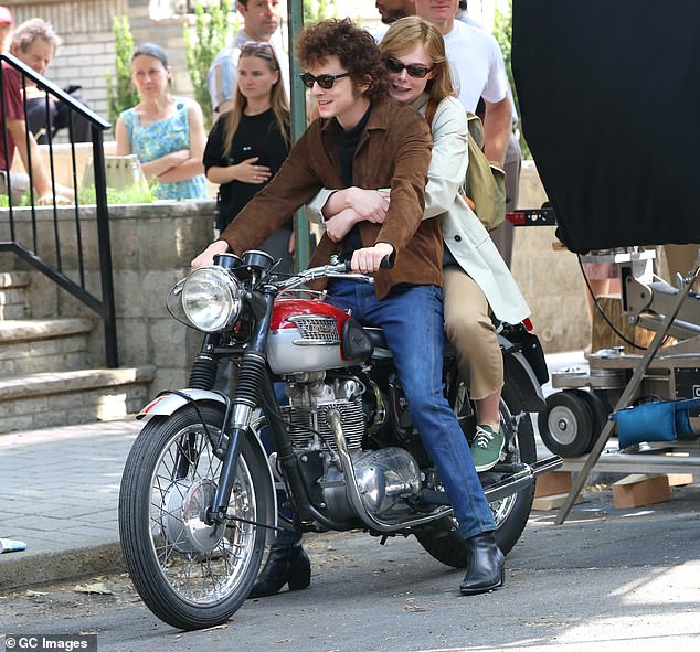 The 28-year-old actor was joined on set in Hoboken, New Jersey, by his co-star Elle Fanning, 26, as they filmed a scene on a motorcycle.