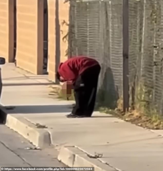 Horrified onlookers watched as the man leaned over and sniffed the leg before waving it in the streets of Wasco, California.