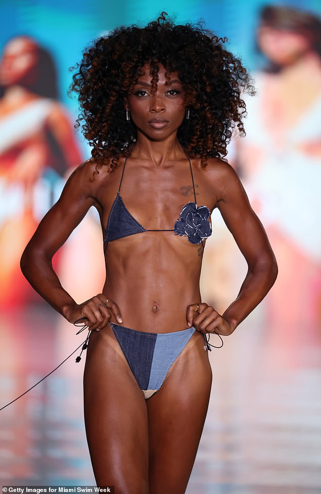 Milus Rose also showed off a two-tone denim bikini where one cup of the bra consisted of a rosette.