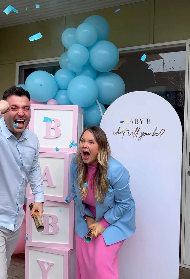 The Slick Hair founder shared a video of her and her fiance popping confetti at a gender reveal party with their family and friends.