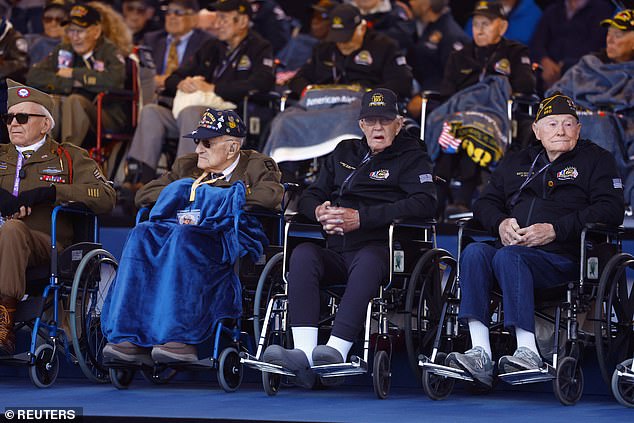 Veterans attend a ceremony to mark the 80th anniversary of D-Day