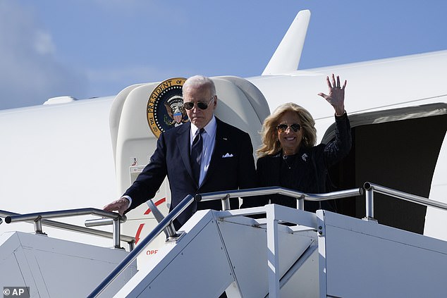 President Joe Biden and first lady Jill Biden arrive at Caen-Carpiquet Airport in Carpiquet, France, en route to ceremonies to mark the 80th anniversary of D-Day.