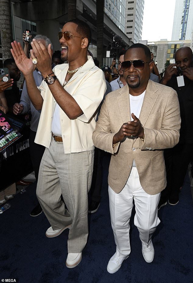 The actor and rapper, 55, smiled as he arrived at the premiere at Silverspot Cinema in Florida alongside Martin on Wednesday.