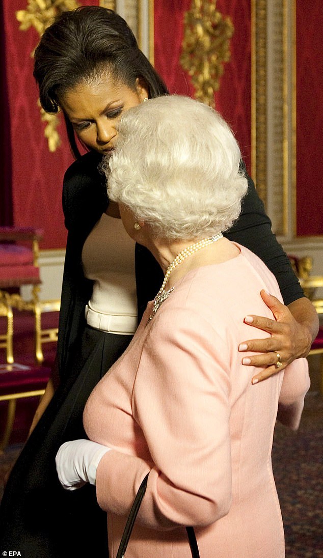 One of the most infamous examples of American sentimental contact with British royalty came in 2009, when then-First Lady Michelle Obama (pictured, left) put her arm around the Queen (pictured, right).