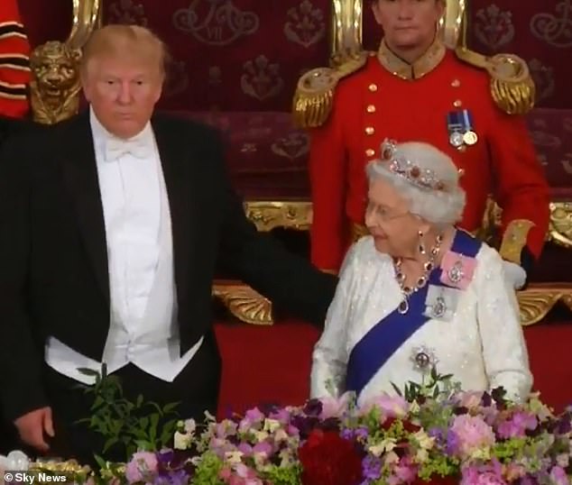 President Trump broke protocol by appearing to pat the Queen on the shoulder as she rose to toast him.