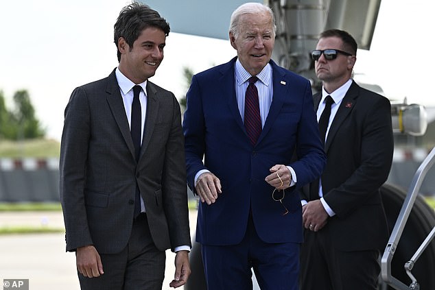 The incident occurred on Monday afternoon, just two days before world leaders, including US President Joe Biden, flew to the French capital in time for commemorations of the 80th anniversary of D-Day. Pictured: President Joe Biden is greeted by French Prime Minister Gabriel Attal, left, at Paris Orly airport.