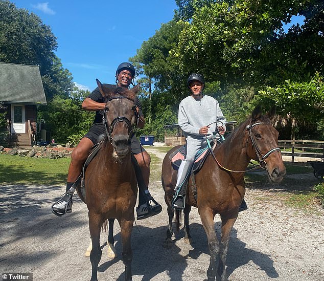 Mavericks owner Mark Cuban shared a photo on Twitter in 2020 of West, pictured right, at a rehab facility. West is seen riding a horse with former NBA star Jason Williams (left)