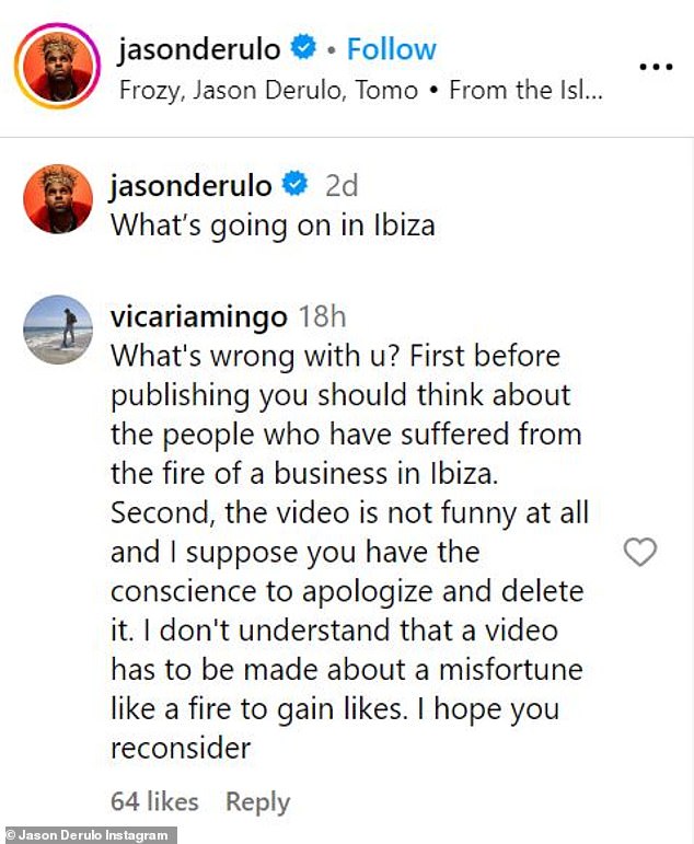 Instagram users were outraged that Jason had used fire as a joke.