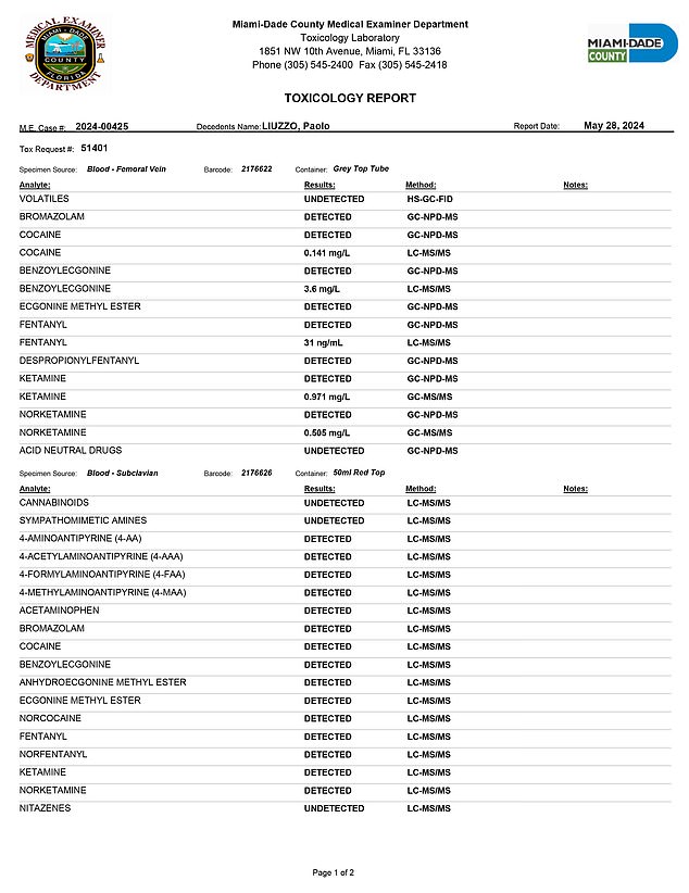 The toxicology report lists several drugs, including cocaine, fentanyl, bromazalom and ketamine.