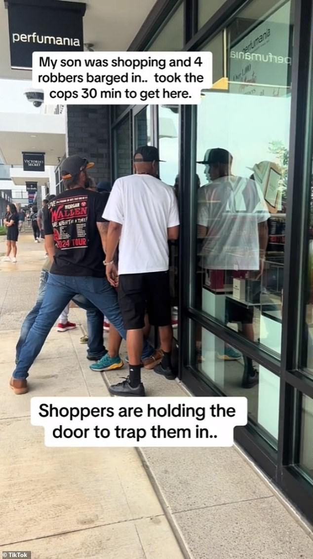 The shoppers kept the door closed while they waited for police officers to arrive. The robbers were initially trapped inside, but eventually escaped through an emergency door.