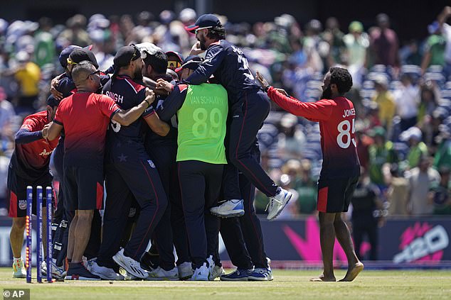 The American players celebrate their victory in Grand Prairie, TX, on Thursday after forcing the super over.