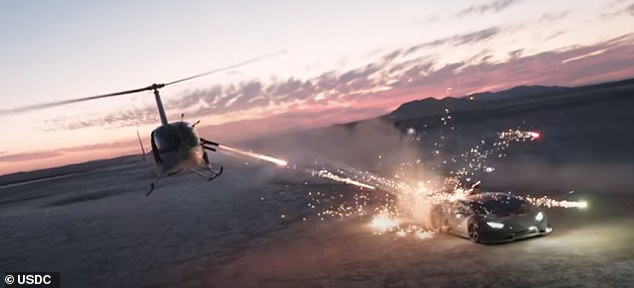 The Michael Bay-esque scene was filmed above El Mirage Lake in the Mojave Desert in what the feds believe was June, to celebrate the Fourth of July.