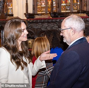 Kate pictured greeting Jim Broadbent at the Together At Christmas carol service at Westminster Abbey in December.