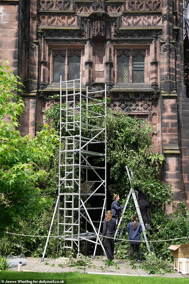 Temporary scaffolding has also been erected near the cathedral while workers trimmed plants in preparation.