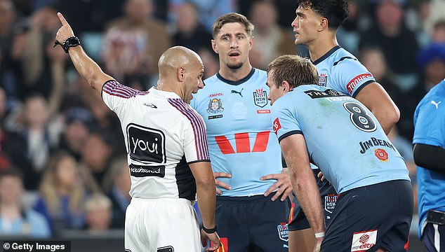 NSW Blues' Joseph-Aukuso Sua'ali'i is sent off the field by referee Ashley Klein