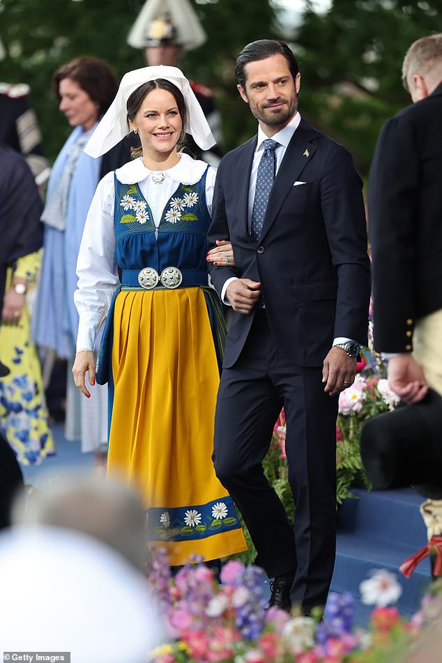 Prince Carl Philip, 45, and Princess Sofia, 39 (pictured), also attended, wearing traditional costumes.