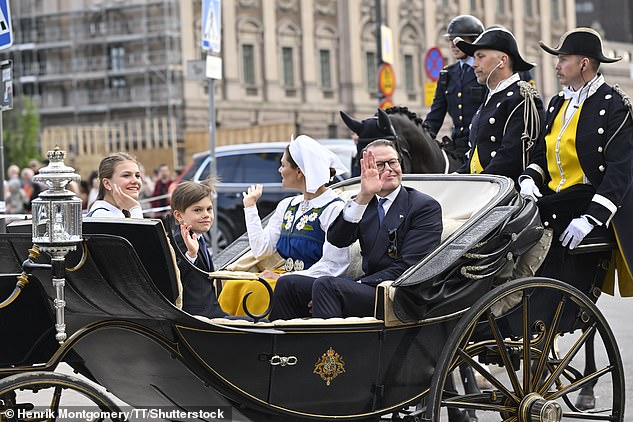 The radiant royal family was joined in the carriage by their youngest member, eight-year-old Prince Oscar.