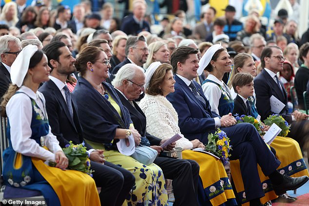 King Carl XVI Gustaf, 78, and Queen Silvia, 80, (center) were also present, but did not travel in the carriage.