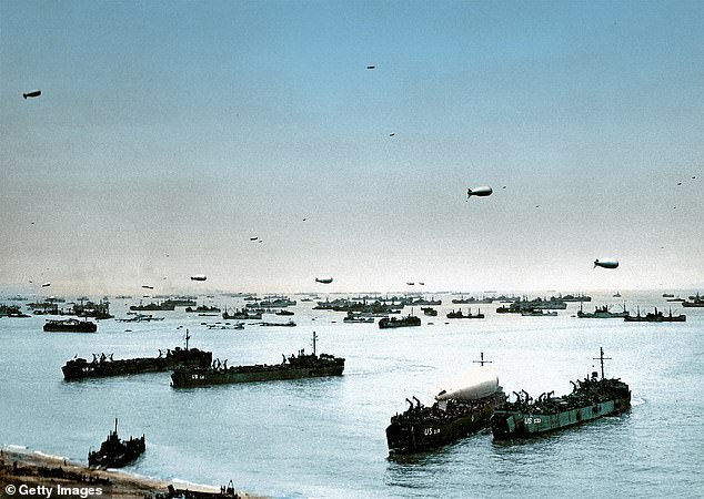 Allied ships, boats and bombardment balloons off Omaha Beach after the successful D-Day invasion. The bloody landing cost the lives of 5,000 Allied soldiers