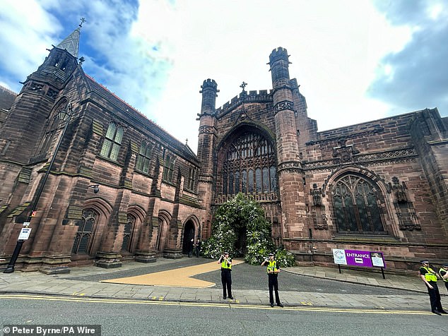 Police outside Chester Cathedral ahead of this afternoon's wedding