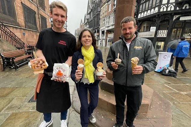 The Duke will pay for free ice cream for the premises of three local companies. Pictured from left to right: Craig Fermor of Diddy Donuts, Valentina Aviotti of Krum Gelato and Stephen Young of Cheshire Farm Ice Cream.