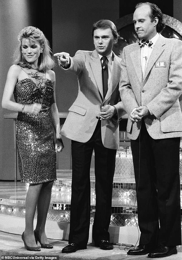 Pat with Vanna White and actor Dwight Schultz on Celebrity Wheel Of Fortune in 1985, four years after he first took over the hosting job from Chuck Woolery.