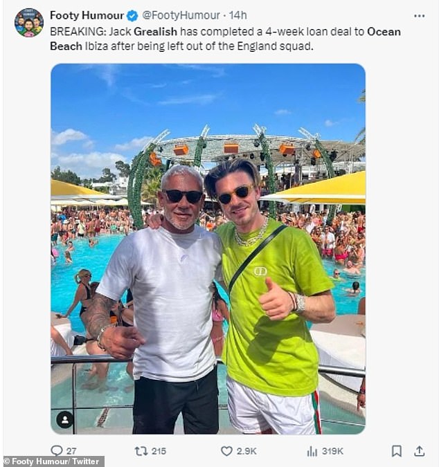 Others also posted photos of Grealish (right) and Wayne Lineker (left) at the popular Ibiza day club.