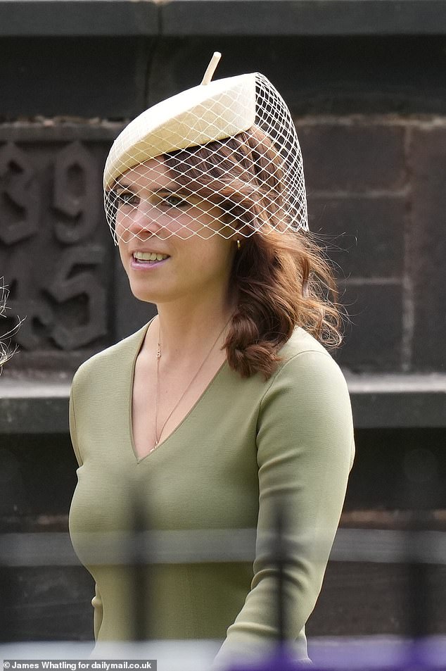 Pictured arriving alongside some of the 400 guests at today's celebration, mother-of-two Eugenie, daughter of the Duke and Duchess of York, paired her stunning V-neck dress with an elegant cream headpiece.