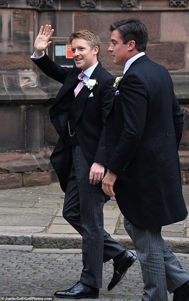 The groom, Hugh Grosvenor (left), arriving at Chester Cathedral for his wedding to Olivia Henson.