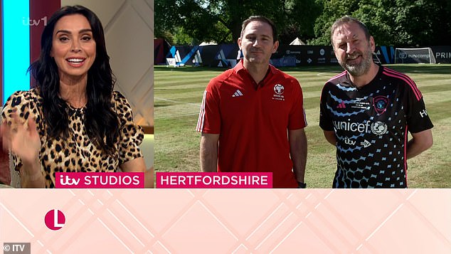 The broadcaster was presenting the morning show and spoke to his partner (left) and comedian Lee Mack (right) via video link about the upcoming Soccer Aid charity match.