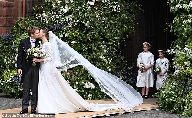 Hugh Grosvenor, the Duke of Westminster and Olivia Henson outside Chester Cathedral after the ceremony on Friday.