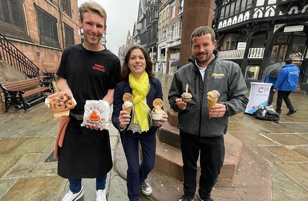 The Duke will pay for free ice cream for the premises of three local companies. Pictured from left to right: Craig Fermor of Diddy Donuts, Valentina Aviotti of Krum Gelato and Stephen Young of Cheshire Farm Ice Cream.