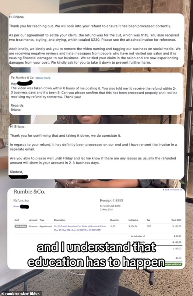 Pictured: Screenshots showing the salon gave Briana a $115 refund and attempted to resolve the issue.