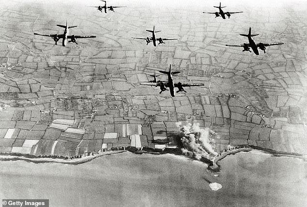 Six American A-20 bombers bombed German positions at the Pointe Du Hoc coastal battery. May 22, 1944. Normandy, France.